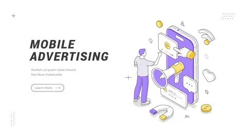 Isometric banner template for a mobile advertising campaign. Vector illustrat Stock Illustration