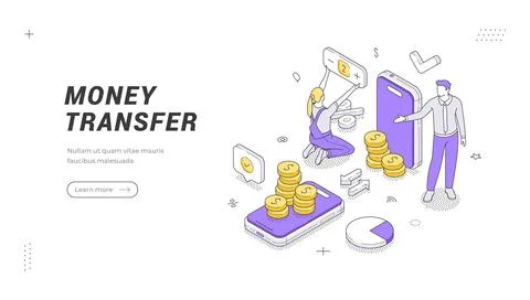 Isometric banner template for a mobile money transfer service. Vector illustr Stock Illustration