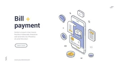 Isometric banner template for online bill payment and mobile banking. Vector  Stock Illustration