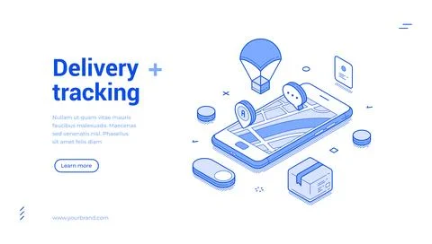 Isometric banner template for an online delivery tracking service. Smartphone Stock Illustration