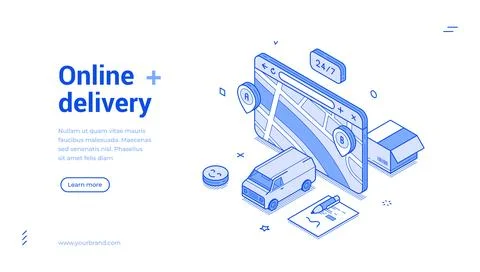 Isometric banner template for an online delivery service. Van for parcel ship Stock Illustration