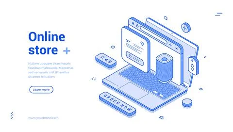 Isometric banner template for an online store. E-commerce concept with a lapt Stock Illustration