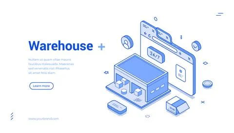 Isometric banner template for an online warehouse and logistics service. 24 7 库存插图