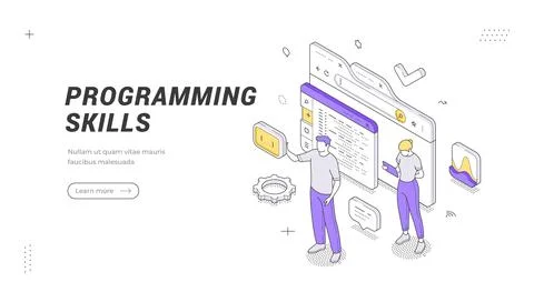 Isometric banner template for programming skills. Vector illustration of a la Ilustración de archivo
