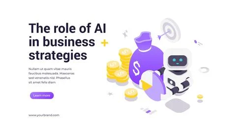 Isometric banner template showing robot holding charts and finance icons, emp Illustrazione stock