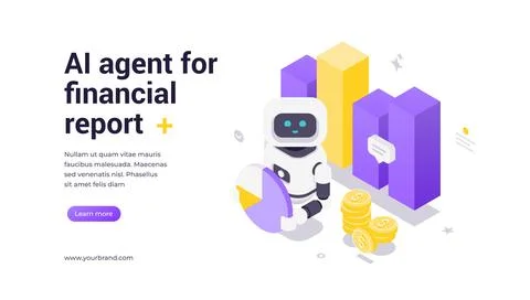 Isometric banner template showing robot holding a pie chart with financial an イラスト素材