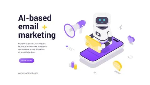 Isometric banner template showing robot holding email on smartphone surrounde Illustrazione stock