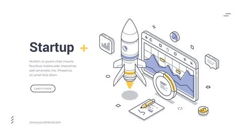 Isometric banner template for startup launch and business project. Vector ill Illustrazione stock
