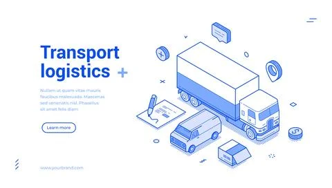 Isometric banner template for a transport logistics company. Cargo shipping b Ilustração Stock