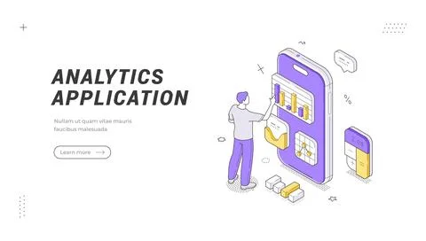 An isometric banner template vector illustration of a mobile analytics applic Stock Illustration