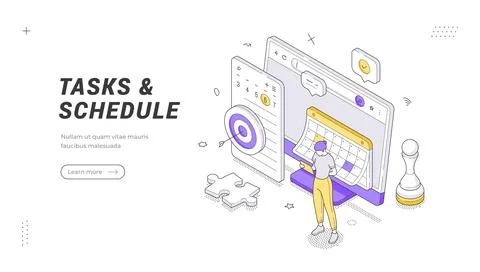 An isometric banner template vector illustration for task management. Shows a Stock Illustration