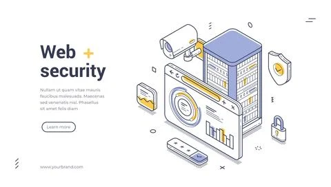 Isometric banner template for web security and data protection. Vector illust Illustrazione stock