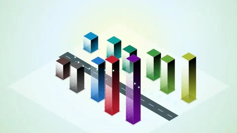 Isometric Bar Chart Growth Concept with Colorful Blocks on Road Stock Footage 347560179