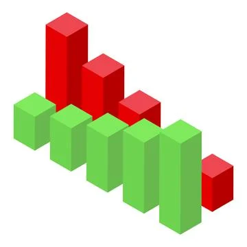 Isometric bar chart showing decreasing trend with red and green bars Stock Illustration