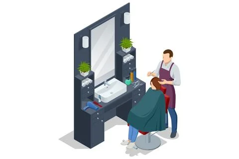 Isometric a barber cuts a customer s hair at a modern isometric mirror station Stock Illustration