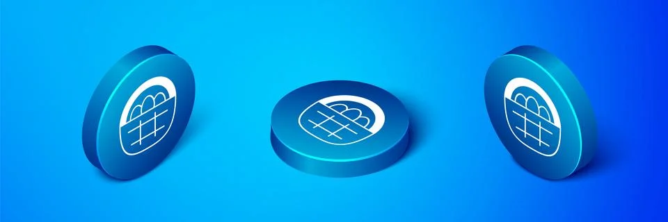 Isometric Basket with easter eggs icon isolated on blue background. Happy Easter Illustrazione stock