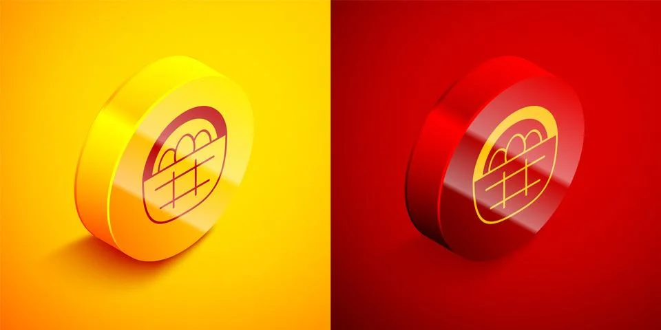 Isometric Basket with easter eggs icon isolated on orange and red backgroun.. Illustrazione stock