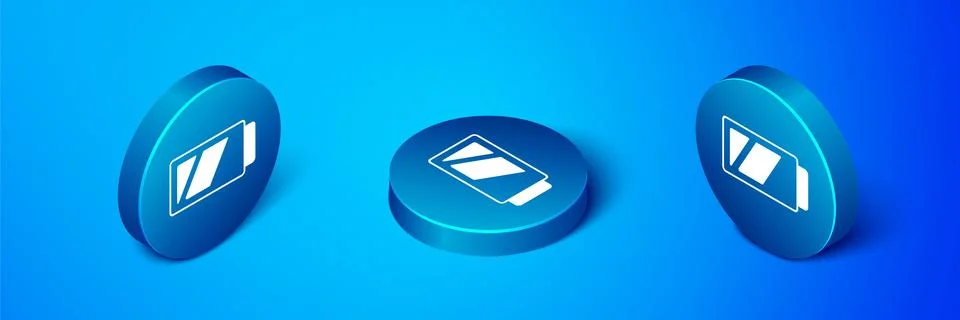 Isometric Battery for camera icon isolated on blue background. Lightning bolt Illustrazione stock