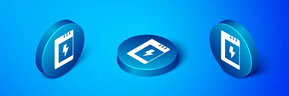 Isometric Battery for camera icon isolated on blue background. Lightning bolt Illustrazione stock