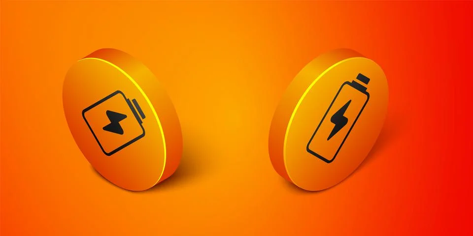 Isometric Battery charge level indicator icon isolated on orange background Illustrazione stock