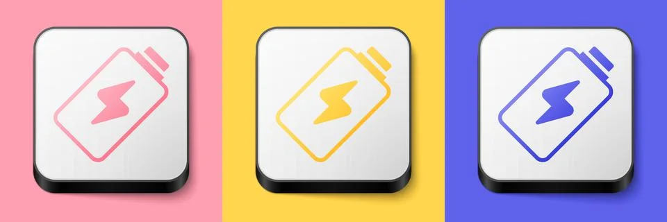 Isometric Battery charge level indicator icon isolated on pink, yellow and blue Stock Illustration
