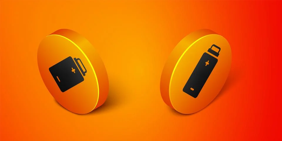 Isometric Battery charge level indicator icon isolated on orange background Illustrazione stock