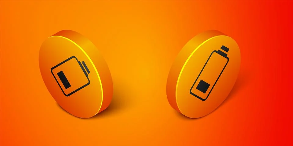 Isometric Battery charge level indicator icon isolated on orange background Illustrazione stock
