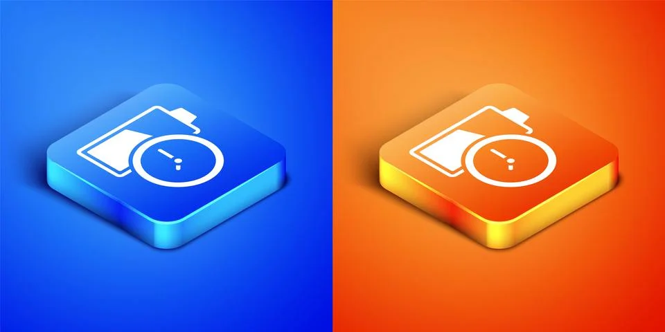Isometric Battery charge level indicator icon isolated on blue and orange Stock Illustration