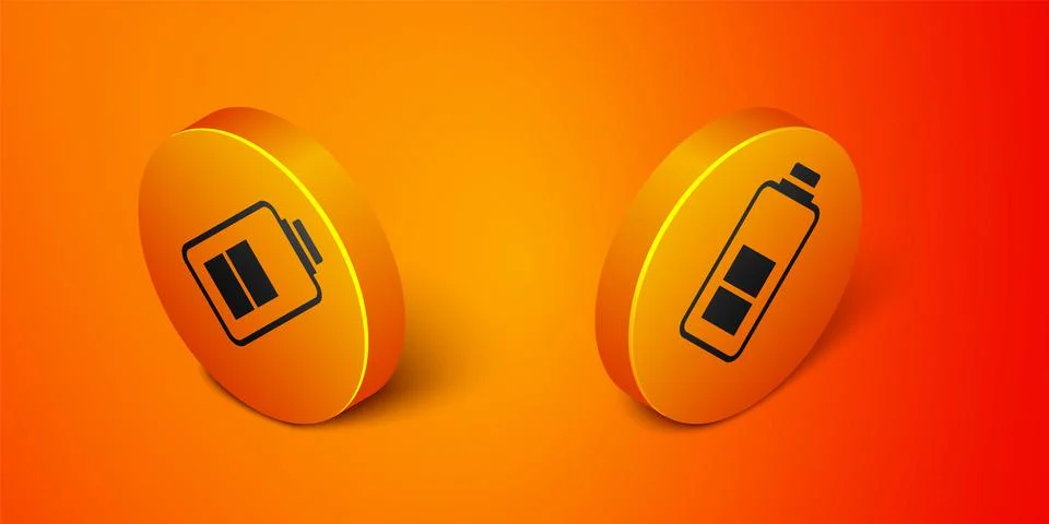 Isometric Battery charge level indicator icon isolated on orange background Stock Illustration