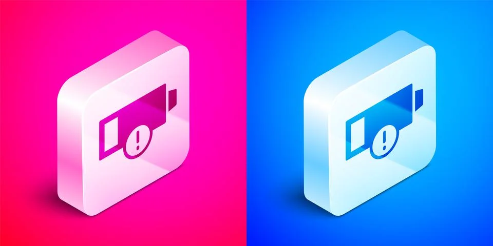 Isometric Battery charge level indicator icon isolated on pink and blue Stock Illustration