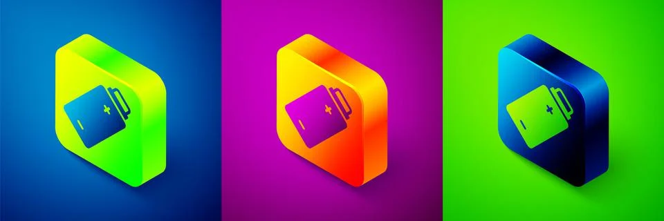 Isometric Battery charge level indicator icon isolated on blue, purple and green Stock Illustration