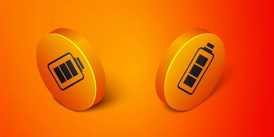 Isometric Battery charge level indicator icon isolated on orange background Stock Illustration