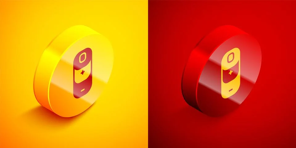 Isometric Battery charge level indicator icon isolated on orange and red ba.. Stock Illustration