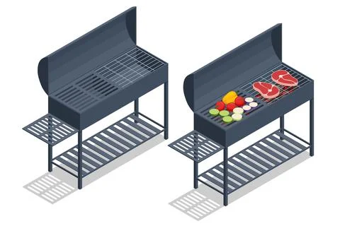 Isometric BBQ scene featuring a grill with various meats and vegetables cooking Stock Illustration