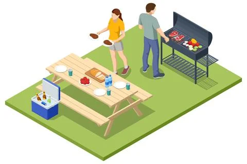 Isometric BBQ scene featuring a grill with various meats and vegetables cooking Stock Illustration