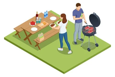 Isometric BBQ scene featuring a grill with various meats and vegetables cooking Stock Illustration