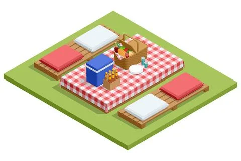 Isometric BBQ scene featuring a grill with various meats and vegetables cooking Stock Illustration