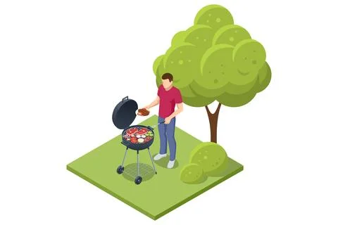 Isometric BBQ scene featuring a grill with various meats and vegetables cooking Stock Illustration