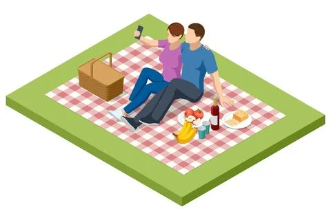 Isometric BBQ scene featuring a grill with various meats and vegetables cooking Stock Illustration