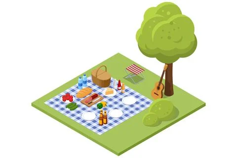 Isometric BBQ scene featuring a grill with various meats and vegetables cooking Stock Illustration