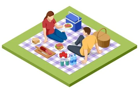 Isometric BBQ scene featuring a grill with various meats and vegetables cooking Stock Illustration