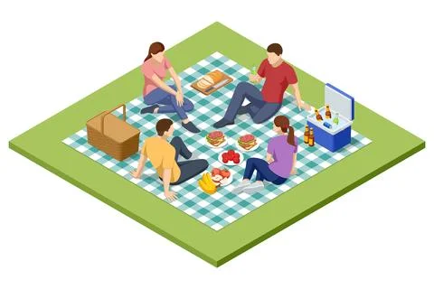 Isometric BBQ scene featuring a grill with various meats and vegetables cooking Stock Illustration