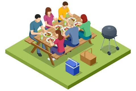 Isometric BBQ scene featuring a grill with various meats and vegetables cooking Stock Illustration