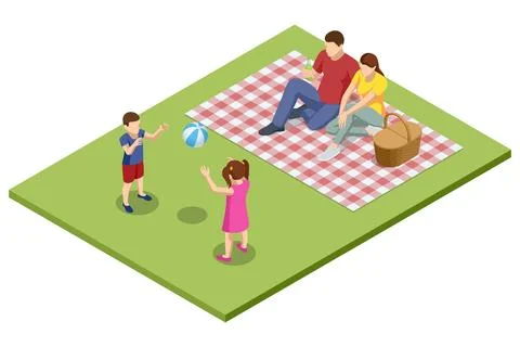 Isometric BBQ scene featuring a grill with various meats and vegetables cooking Stock Illustration
