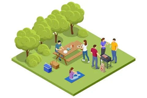 Isometric BBQ scene featuring a grill with various meats and vegetables cooking Stock Illustration