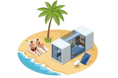 Isometric beach vacation scene with a modern capsule house, solar panel, palm Stock Illustration