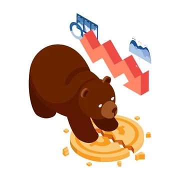 Isometric Bear Destroy Dollar Coin with Falling Graph Illustrazione stock