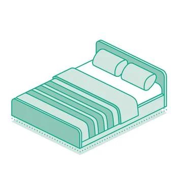 Isometric bed with blanket and two pillows. Outline object isolated on whit.. 스톡 일러스트