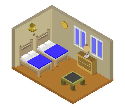 Isometric bed room in vector on white background Stock Illustration