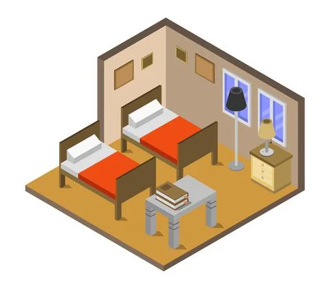 Isometric bed room in vector on white background Stock Illustration